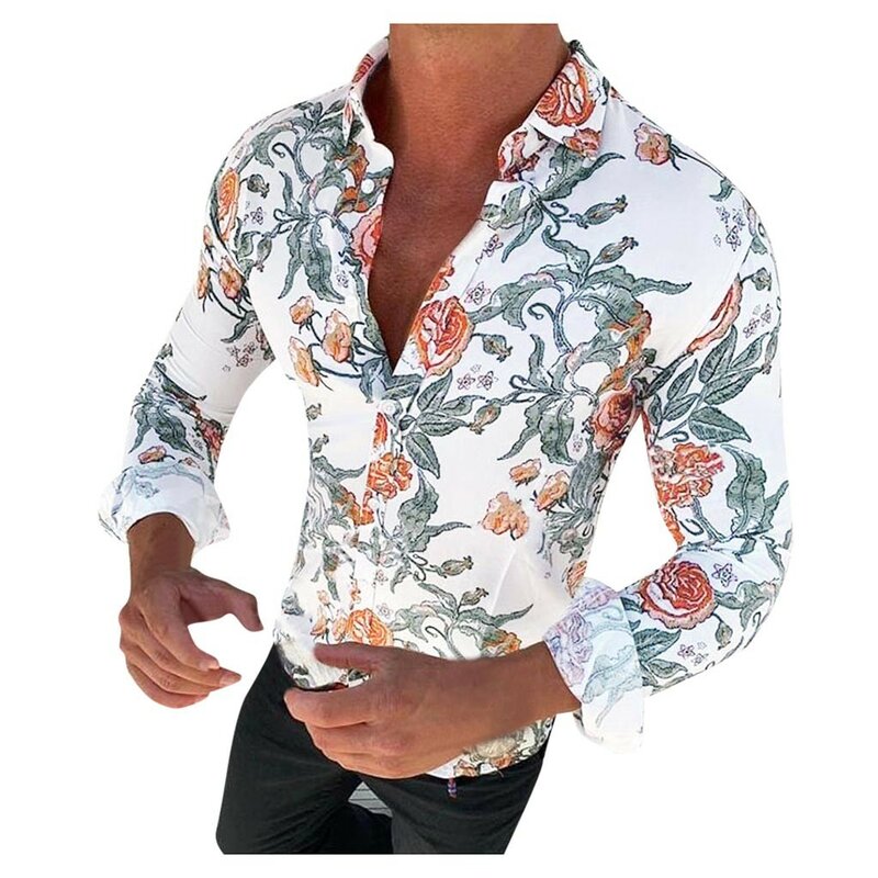 Men's Stylish Shirts Causal Long Sleeves Flower Printed Shirt Vintage Soft Free Loose Fit Slim Blouse Top мужская рубашка