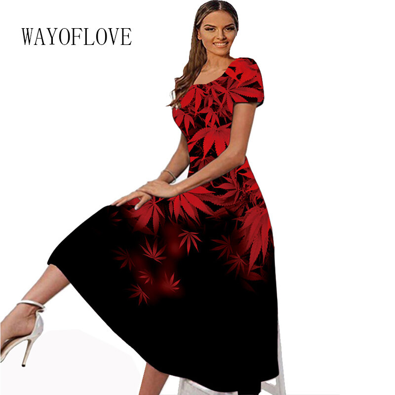 Wayoflove-女性のためのエレガントなカジュアルなビーチドレス,赤い葉のプリントが施された黒いサマードレス,半袖