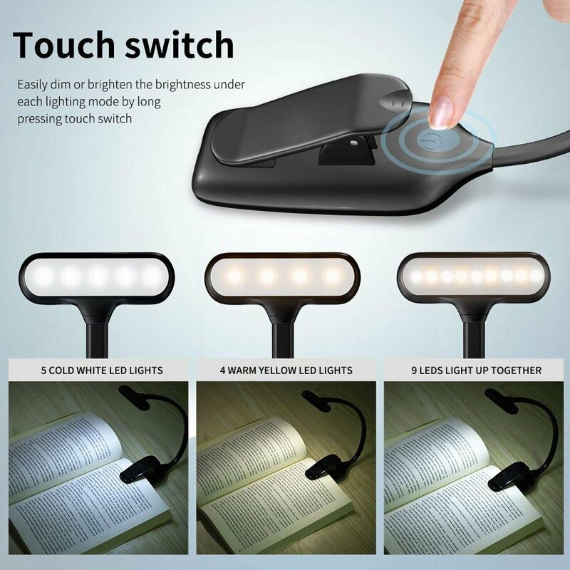 Luz LED recargable para lectura de libros, lámpara Flexible con atenuador, Clip para mesa y escritorio, portátil, USB