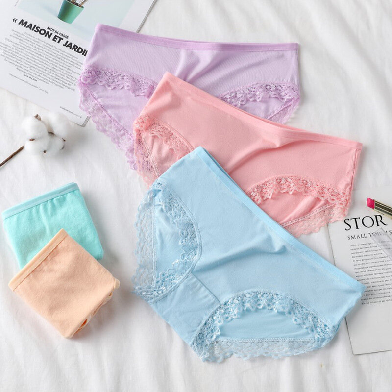 New Style Pure Cotton Lace Side Underwear Breathable Simple Sports Briefs Mid-waist Solid Color Basic Underwear