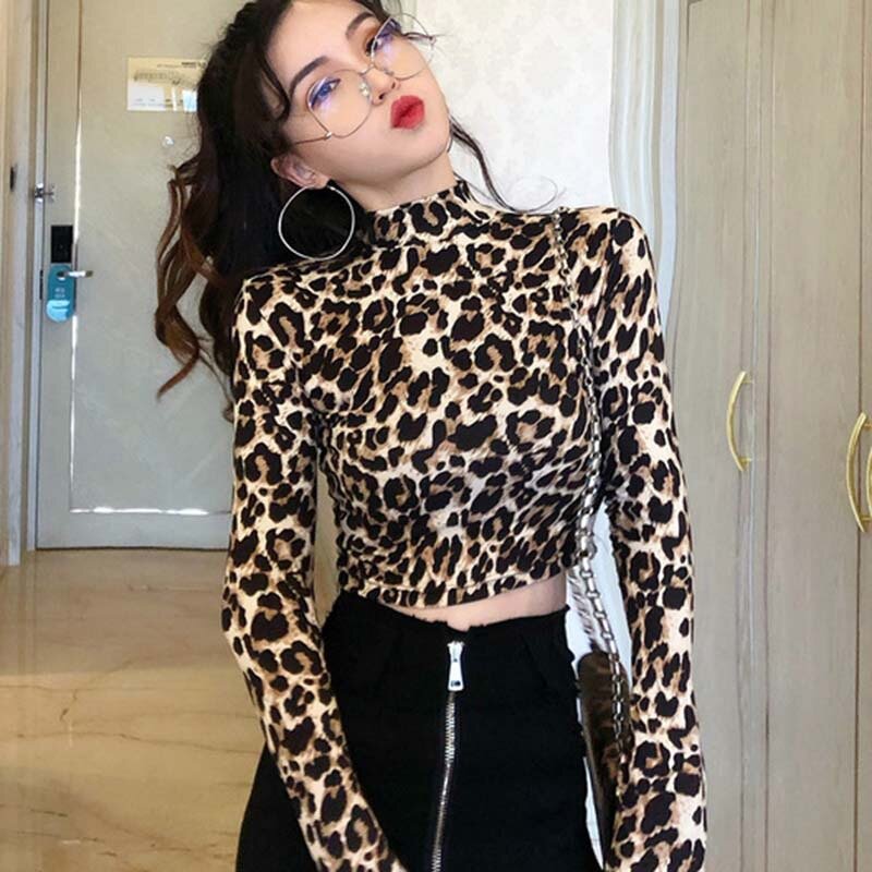 Nova moda sexy de alta rua senhoras zebra leopardo animal impressão camisas feminina gola alta manga longa estiramento zebra feminino topos s1