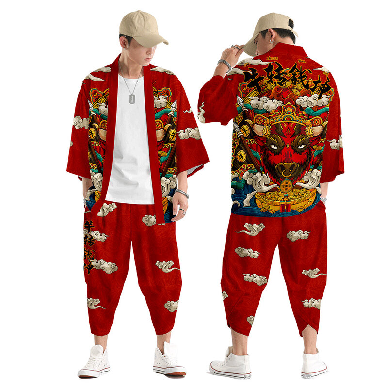 Kimono fino de estilo chino para hombre, ropa de calle con estampado rojo, cárdigan y pantalón tradicional Harajuku, Samurai Yukata Haori Obi