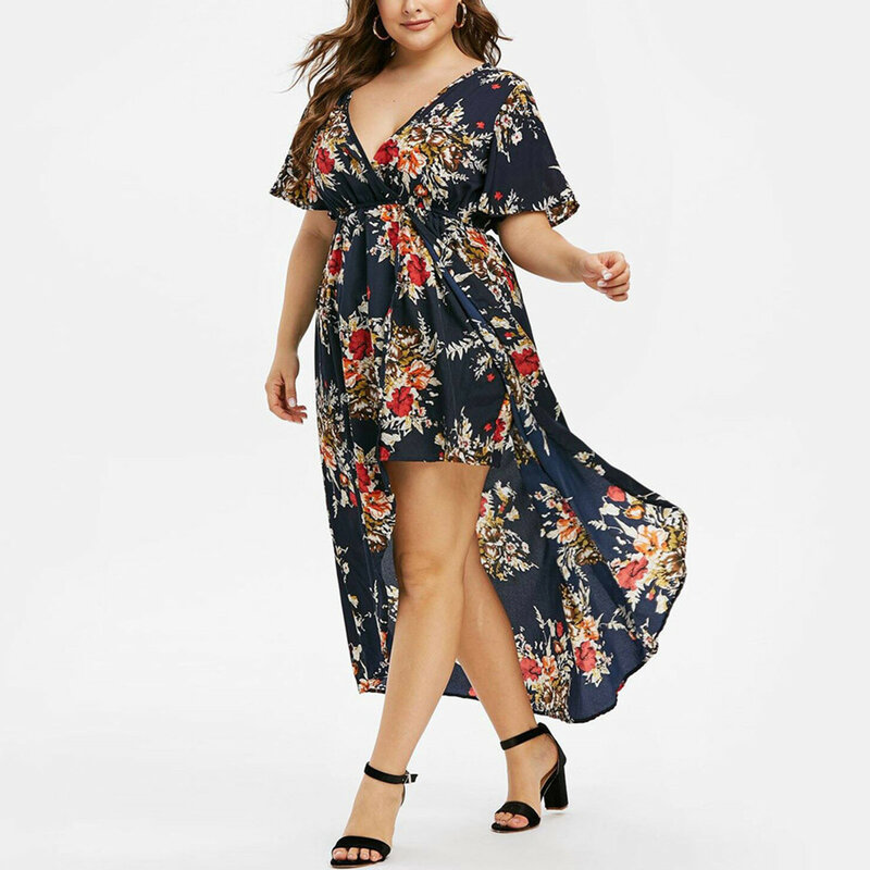 Летние платья модное женское платье с цветочным принтом и короткими рукавами летучая мышь Высокая Низкая Макси платье Бесплатная доставка