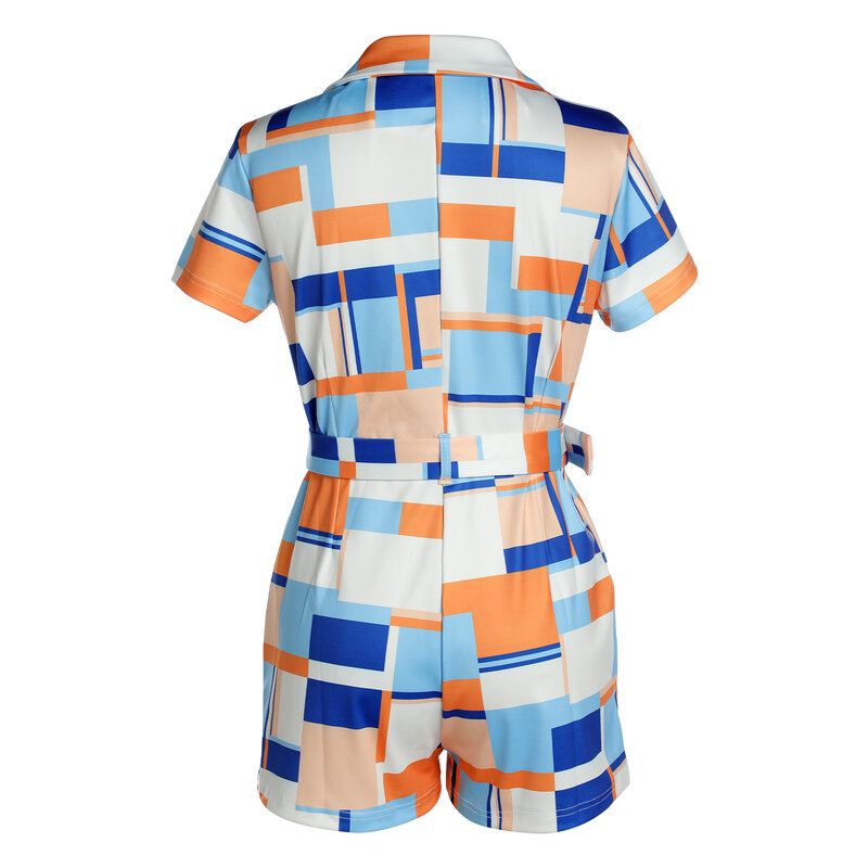 2021 feminino moda playsuits cor bloco sob medida colarinho camisa gola manga curta macacão com cinto de cintura para o verão, s/m/l/xl