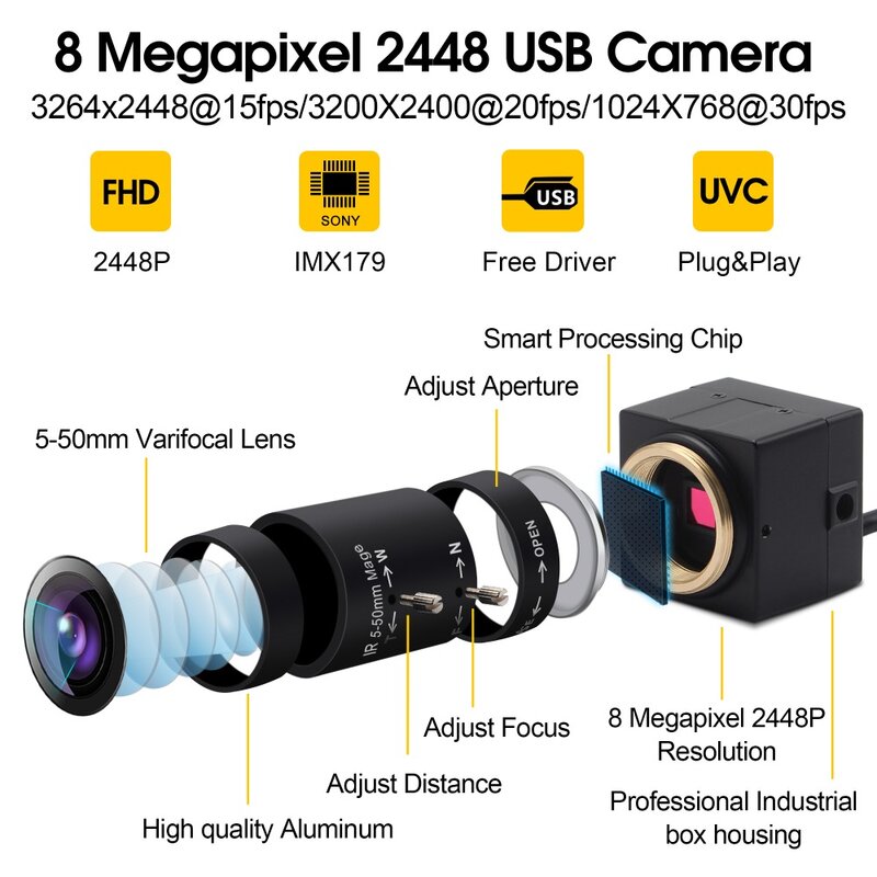 Webcam USB 5-50mm lentille varifocale 8 mégapixels haute définition IMX179 Mini HD 8MP caméra USB industrielle pour ordinateur portable