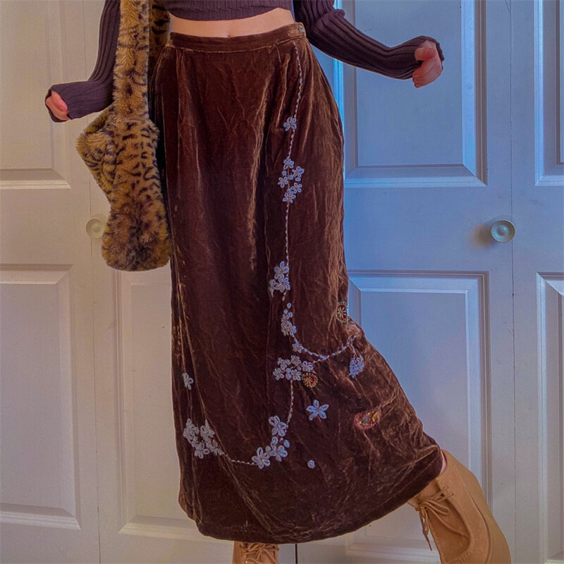Длинная прямая юбка с высокой талией hirigin y2k Fairycore Grunge, ретро юбка макси с цветочной вышивкой в стиле 90-х, Женская винтажная одежда в стиле бох...