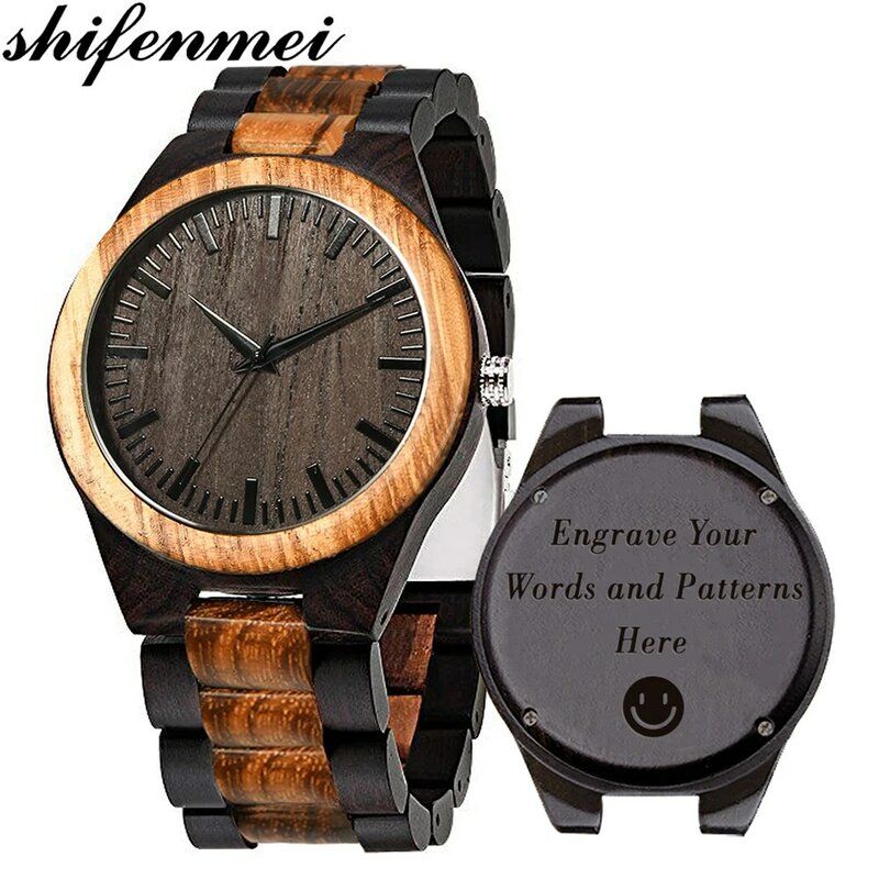 Shifenmei-Reloj de pulsera para hombre, grabado, personalizado, de cuarzo, madera, Masculino, 2020