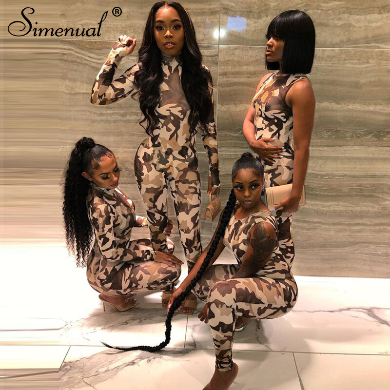Simenual Camouflage Print Long Sleeve Bodycon Rompers Womens Jumpsuit Fall 2021 Fashion Sportswear Skinny One Piece Jumpsuits