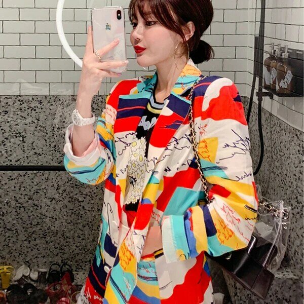 Coreano 2019 primavera mulher carta impresso colorido blazer elegante senhoras chique streetwear hip hop esporte casaco terno jaquetas