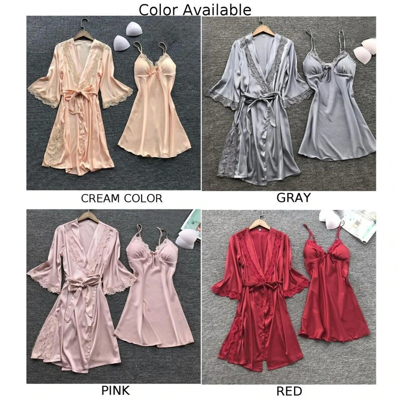 2-Piece Lingerie Women Emulation Silk Robe Sleepwear Nightdress Pajamas Set Women Lace Trim Satin Sleepwear Home Wear  Pyjamas