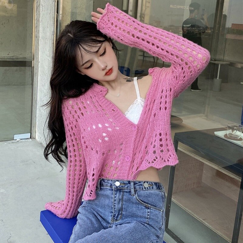 Fashion New Style Short Top  Hollow Thin Long-sleeved Knitted Cardigan Soft Fabric Outer Short Top 