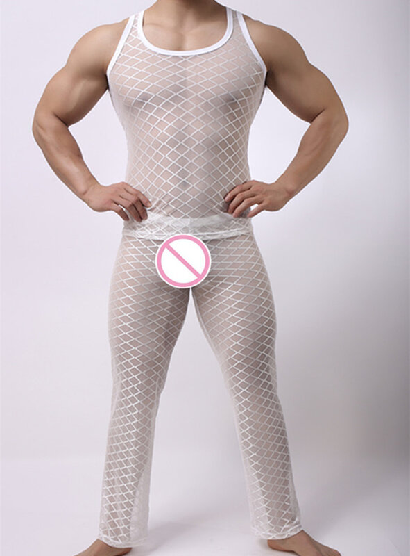 Il pigiama da notte trasparente Argyle a rete da uomo di moda imposta magliette e pantaloni lunghi da Bodybuilding Sexy