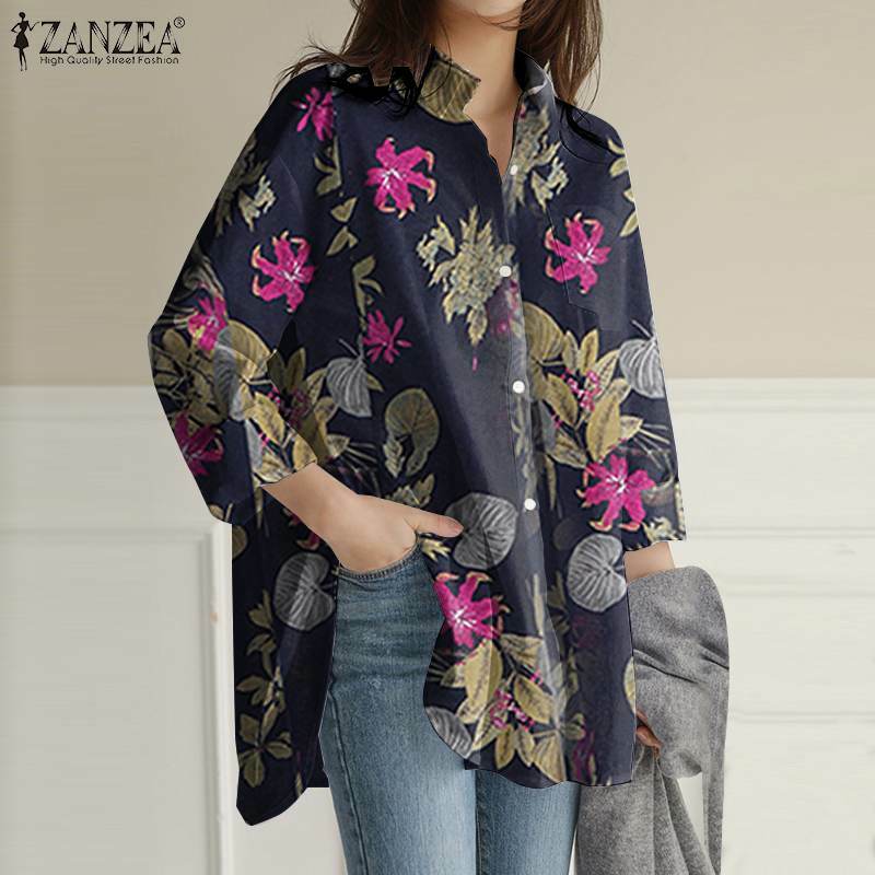 Asymmetrical ZANZEA Full Sleeve Blouses Women Baggy Loose Shirt Fashion Pockets Chemise Vintage Floral Printed Top  