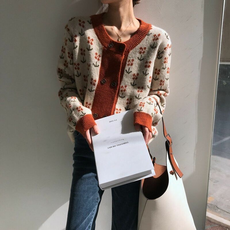 Retro double breasted jacquard knitted cardigan for women
