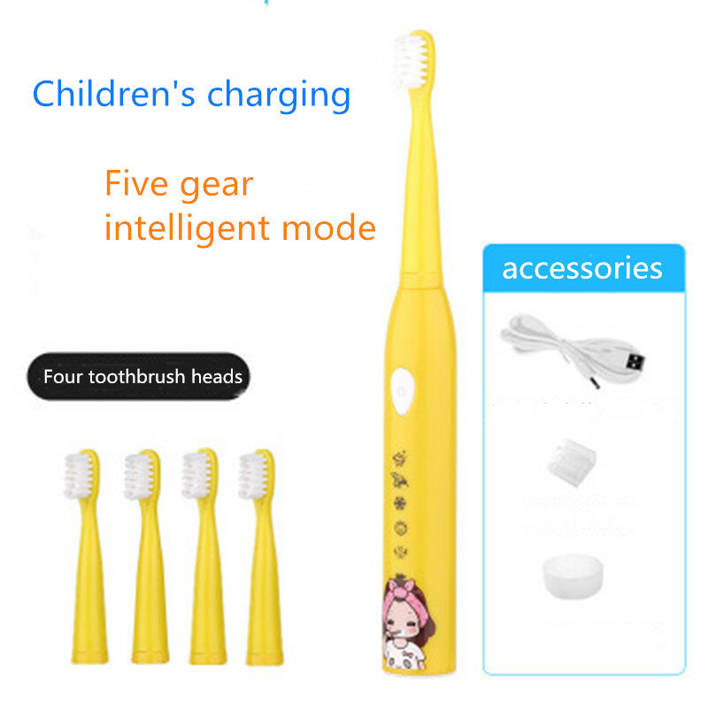 Cepillo de dientes eléctrico para niños, dispositivo dental inteligente con 5 modos, Cargador USB sónico, patrón de dibujos animados, regalo impermeable