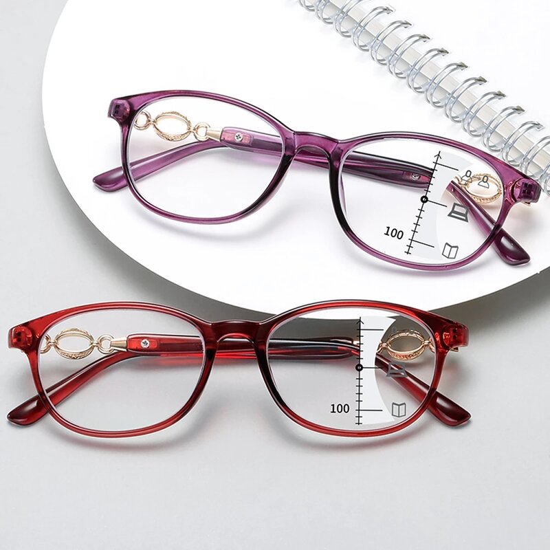IENJOY Kacamata Baca Multifokal Progresif Kacamata Kucing Wanita Modis dengan Kacamata Optik Logam Wanita Dioptri