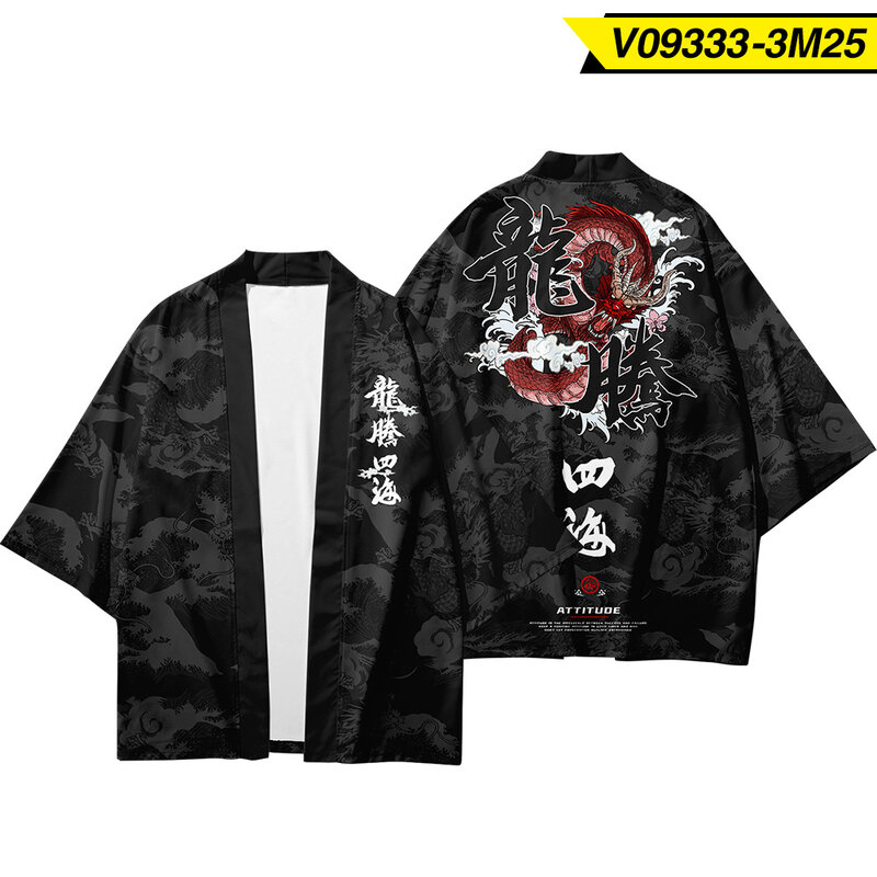 Летняя Японская уличная одежда с принтом черного тигра, мужское пляжное кимоно, кардиган, рубашка для косплея, мужская рубашка, японское ким...