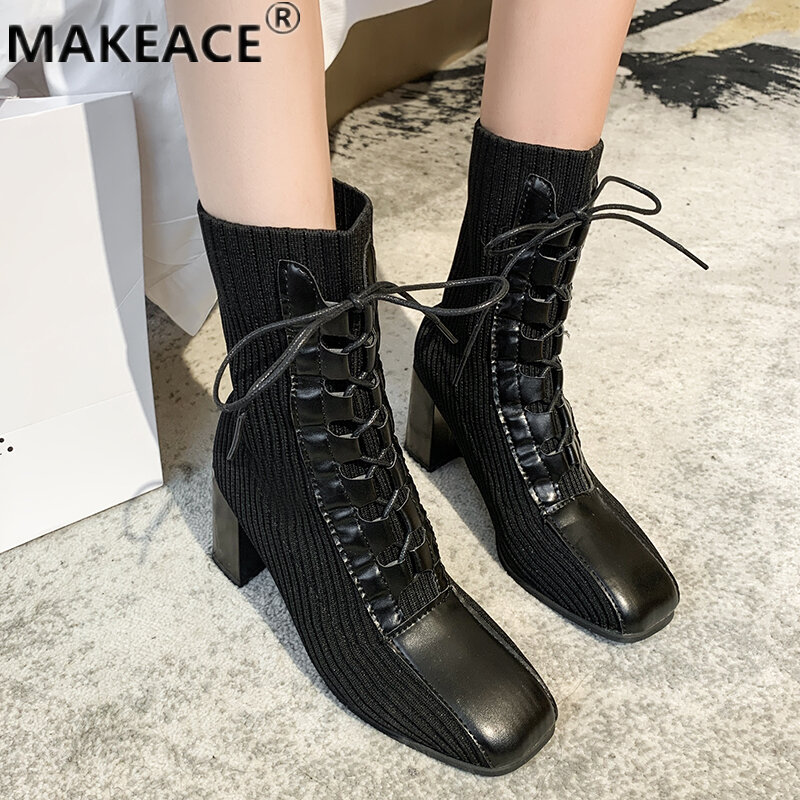 2021 Women's Boots Fashion Front Lace-up Mid-tube Boots Autumn High-heeled Stretch Boots Cool Platform Shoes Calf Socks Boots
