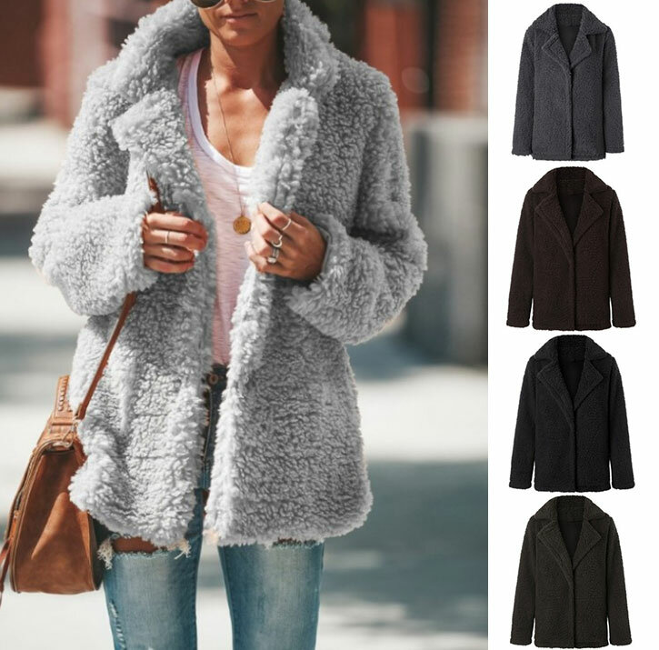 Zima 2021 europejska i amerykańska moda pluszowa kurtka, klapa z długimi rękawami jednokolorowa damska kurtka, ciepły kardigan Top