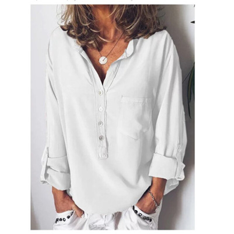 Summer Fashion Women Button V-neck Blouse Shirt Loose Casual Long Sleeve Shirts Solid Color Pocket Female Office Work Tops