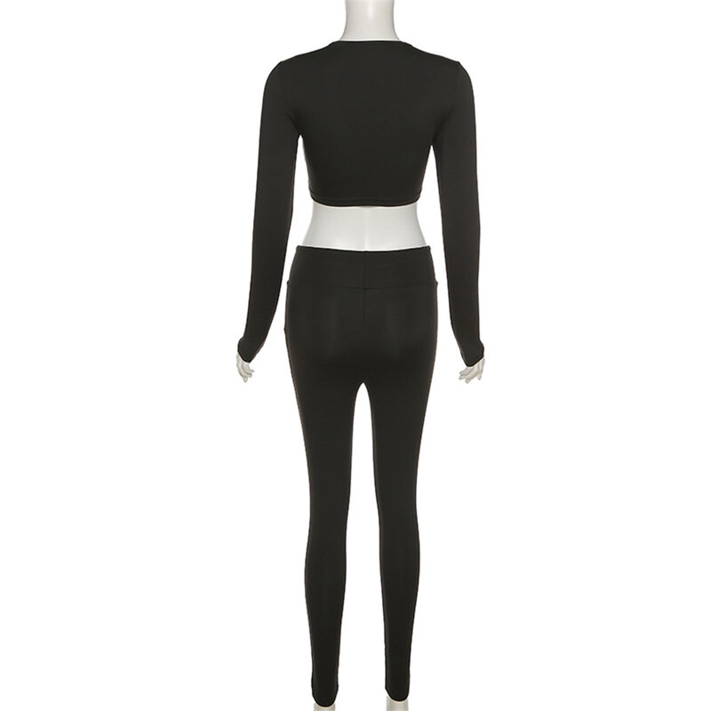Sólido conjuntos de duas peças feminino magro criss-cruz decote superior + estiramento calça combinando roupas ativo sexy streetwear roupas