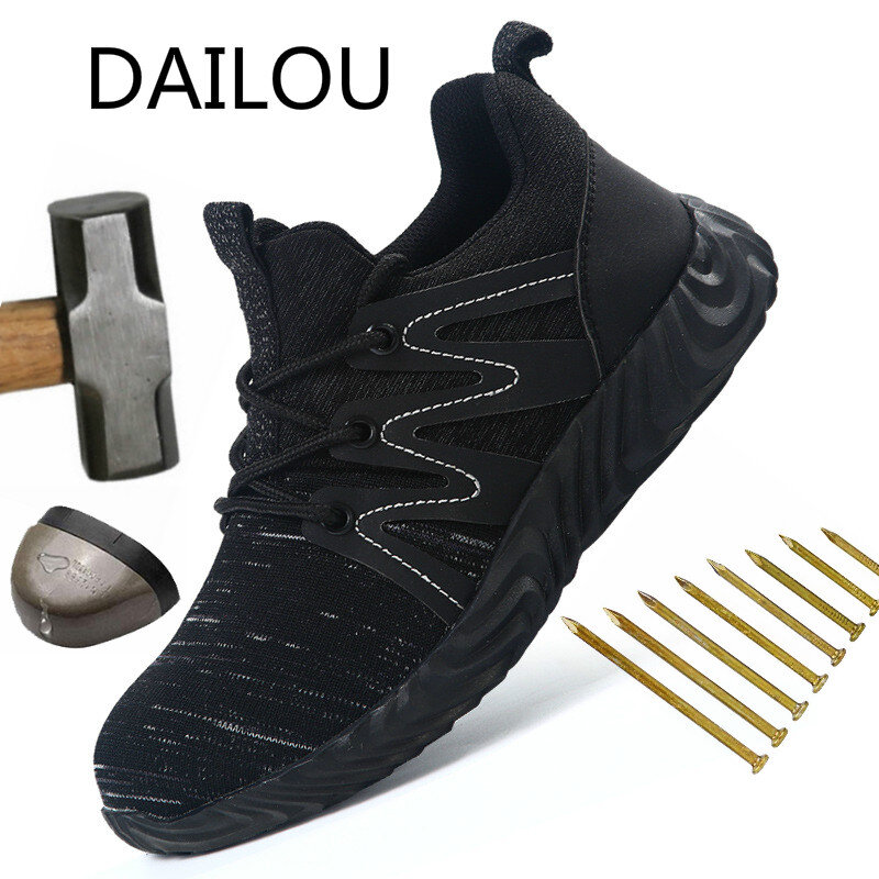 DAILOU Men's Outdoor Steel Toe Protective Anti Smashing Work Shoes All Season Big Size Deodorant Breathable Mesh Casual 48Size