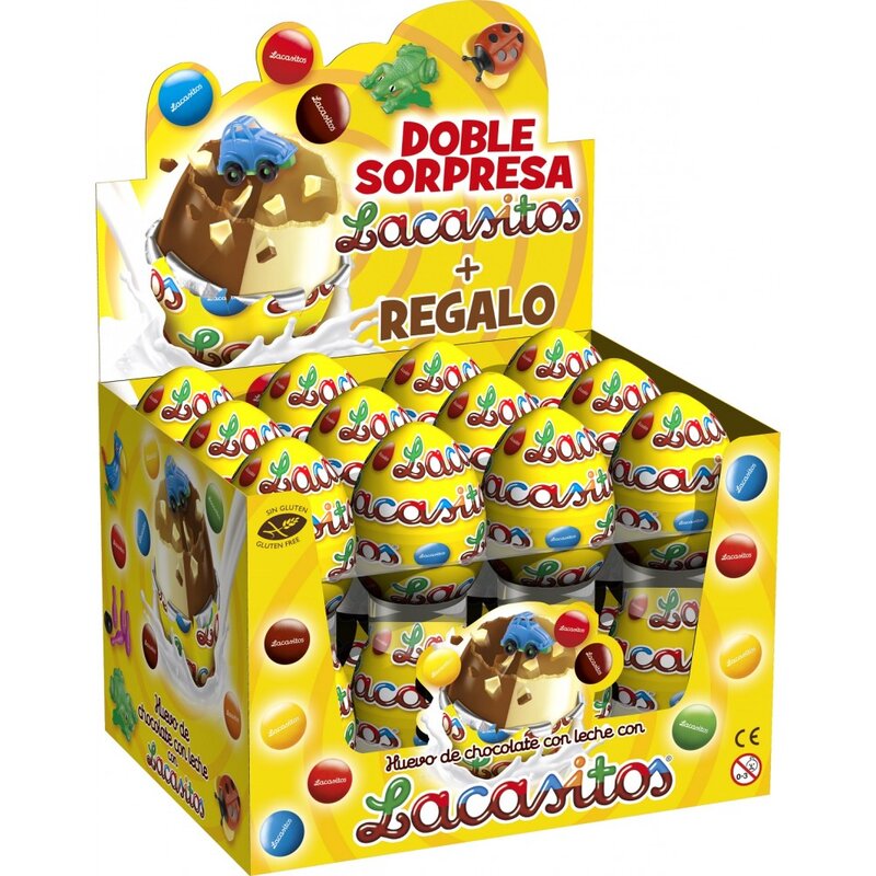우유와 화이트 초콜릿과 놀람 Lacasitos 초콜릿 계란. 각 23 그램의 24 단위의 경우. 552 gr