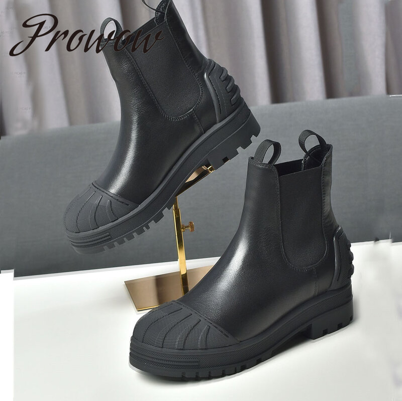Prowow 새로운 정품 가죽 검투사 레이스 겨울 발목 부츠 라운드 발가락 플랫폼 부츠 신발 여성 디자이너 신발