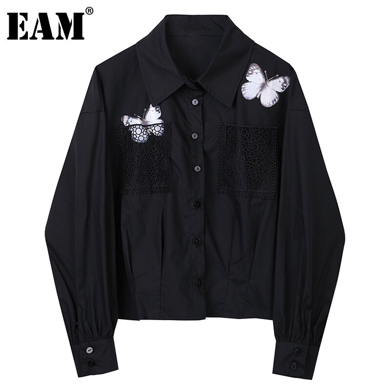 [EAM] kobiety wzór druku czarny Temperament bluzka nowa z klapami z długim rękawem luźna koszula moda wiosna jesień 2021 1DD4261