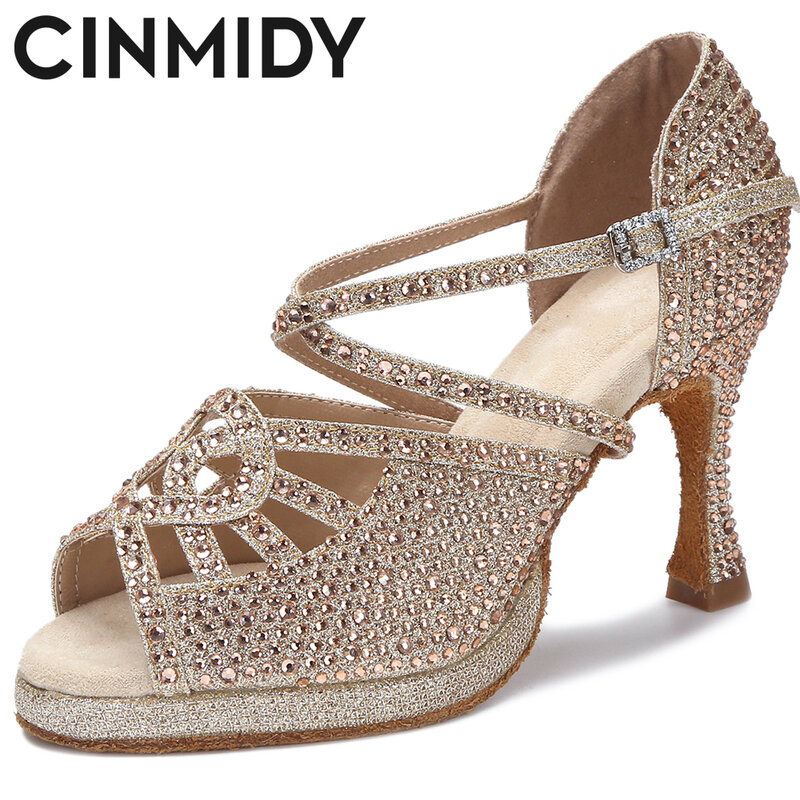 CINMIDY-zapatos de baile latino de suela blanda para mujer, Sandalias de tacón alto para fiesta de salón, zapatos plateados para boda, zapatillas de baile