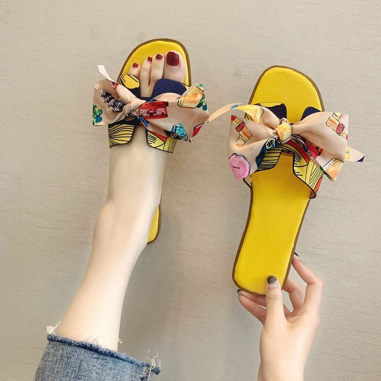 Summer Flat Heel slipper casual Ladies Sandal Bohemia fashion slipper bowknot Flat Candy Color Outdoor Holiday Slides