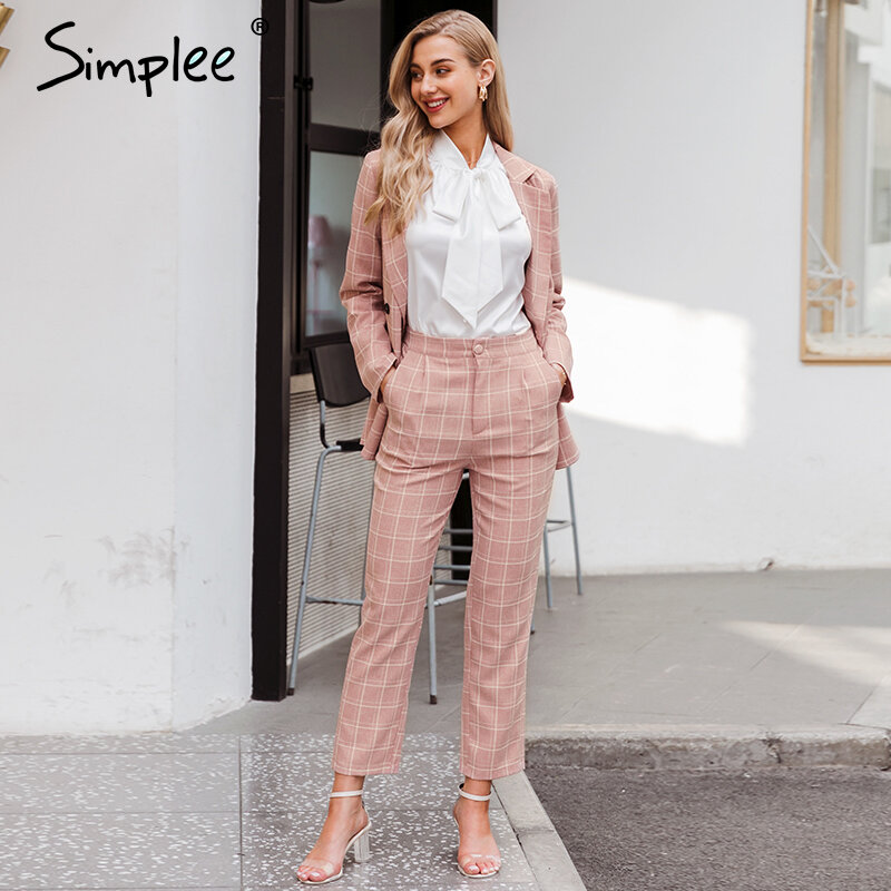 Simplee Fashion plaid blazer da donna abiti blazer doppiopetto manica lunga set di pantaloni blazer da donna in due pezzi rosa da ufficio