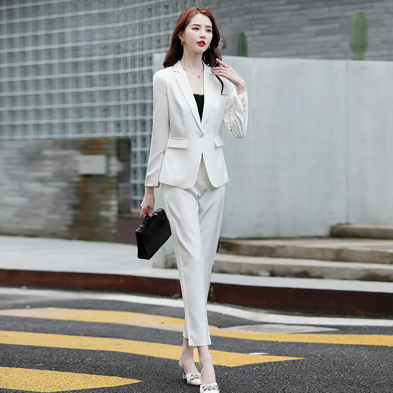 Venda quente acetato de cetim 2021 outono moda simples elegante cintura emagrecimento magro ajuste terno terno de duas peças