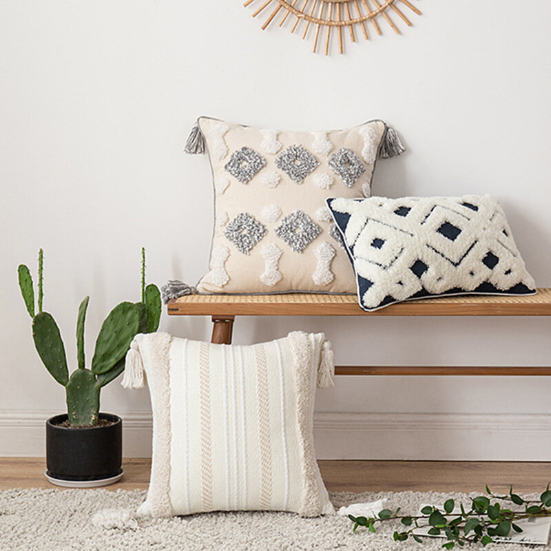 Cojín de decoración bohemio para SILLA, funda de almohada minimalista para asiento de sofá, hogar, copetuda borla, color gris marroquí, 2 tamaños