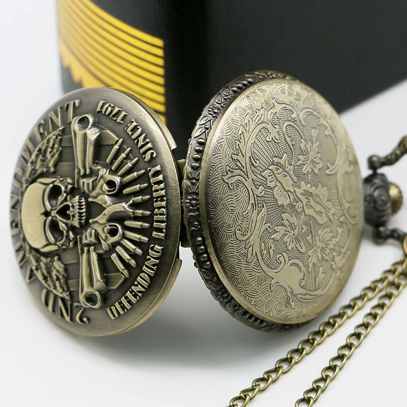 Pocket Watch Men Watches with Necklace Chain Men Gift masculino relogio hombre Saati New 2ND AMENDMENT Bronze Skull Pendant