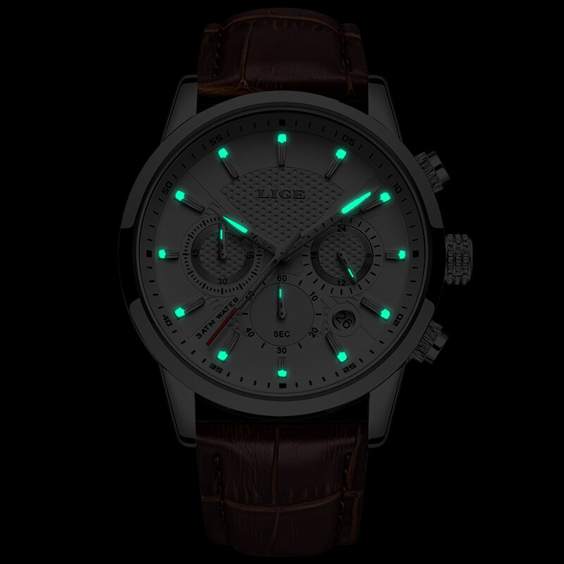 LIGE-인기 브랜드 가죽 크로노 그래프 시계, 방수 스포츠 자동 날짜 쿼츠 시계 남성용 2021 신제품