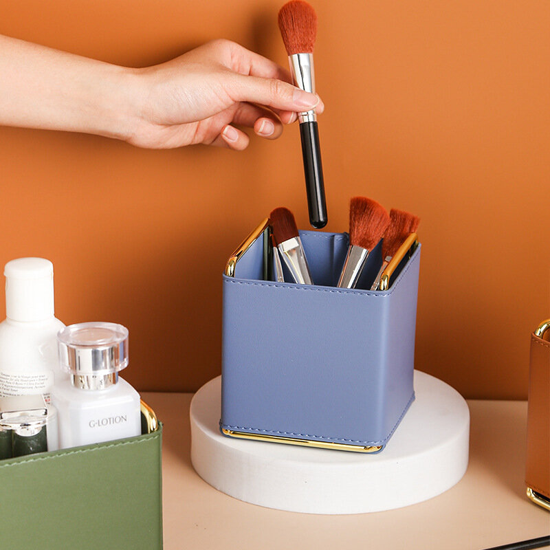 Kotak Penyimpanan Desktop Meja Rias Kuas Makeup Dekorasi Nordik Kreatif Kulit Sederhana Tempat Pena Kantor