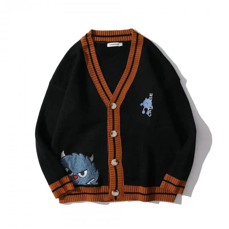 Tide Brand Fashion Cardigan Sweater 2021 Autumn Retro College Style Devil Cartoon Embroidery V-neck Long-sleeved Couple Jacket