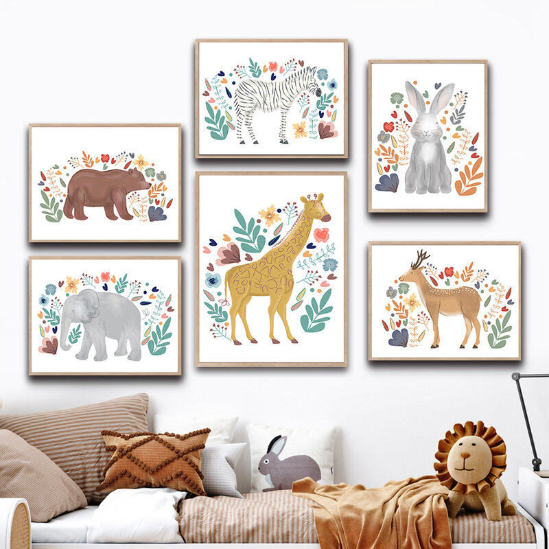 Jerapah Zebra Beruang Gajah Kelinci Animas Lucu Seni Dinding Kanvas Lukisan Poster Nordic dan Gambar Cetakan Anak-anak Dekorasi Kamar Bayi