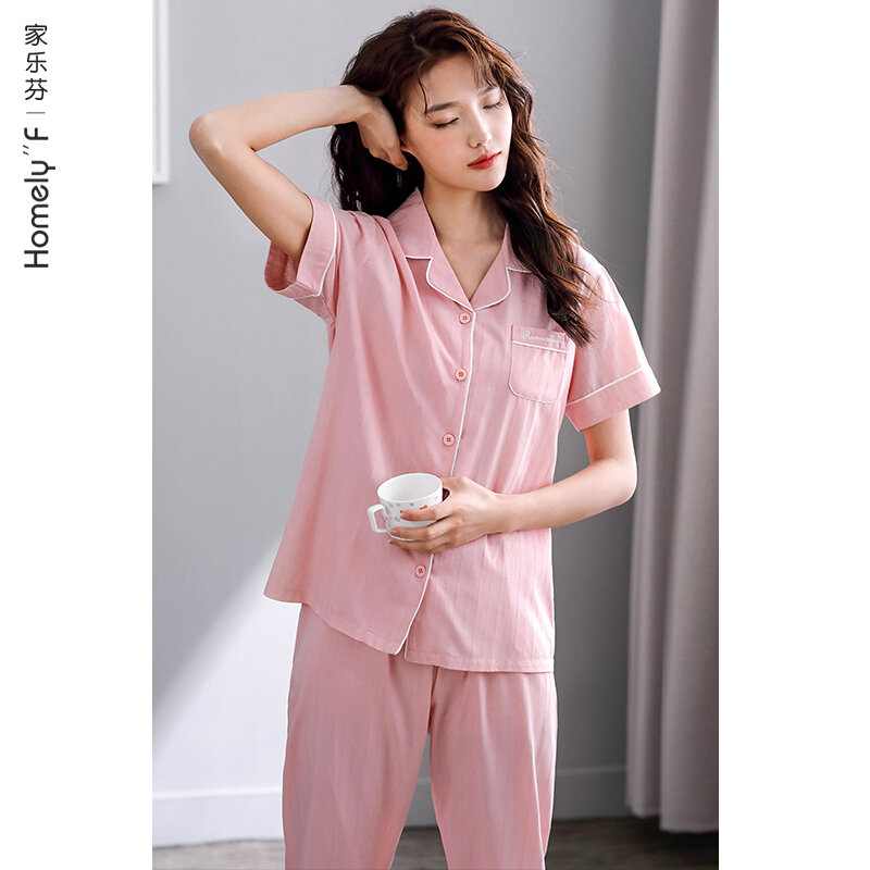 Pijama de verano de manga corta para mujer, ropa de casa, entallada, de algodón, tela de algodón y seda de talla grande, traje de dos piezas