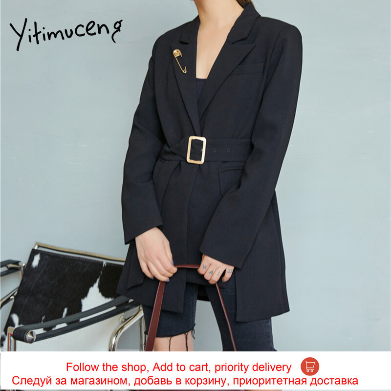 Асимметричные блейзеры Yitimuceng для женщин, с разрезом, английским поясом, однотонная повседневная одежда, костюм, офисное Женское пальто для ...