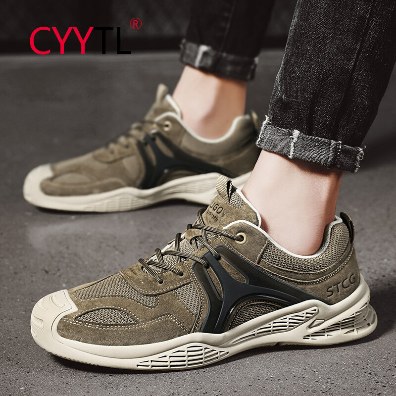 CYYTL Sneakers Jalan Luar Ruangan Pria Sepatu Olahraga Lari Kasual Bersirkulasi Sepatu Tenis Antiselip Kulit Berkendara Homem