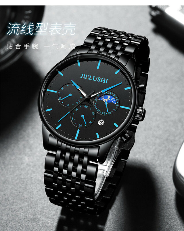 Relógios masculinos belhi luxo esporte relógio de pulso design exclusivo aço inoxidável data automática malha cinta masculina moda casual quartzo watche