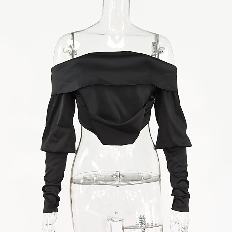 NewAsia-Blusa holgada de satén con manga larga para otoño, camisa Sexy con hombros descubiertos para mujer, con botones elásticos, color negro, 2020
