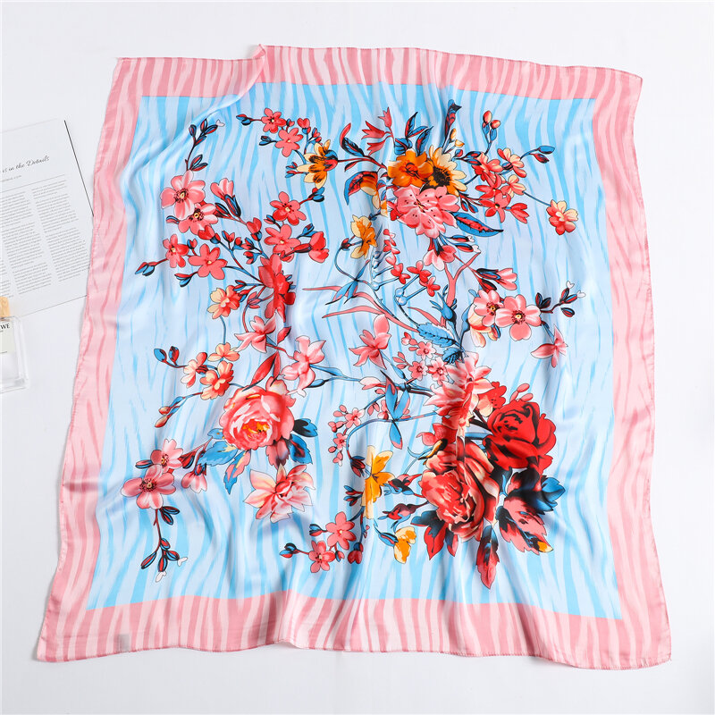 Foulard carré en Satin de soie imprimé Floral pour femmes, Bandana, bandeau, châle, sac, écharpe enveloppante, 90x90cm
