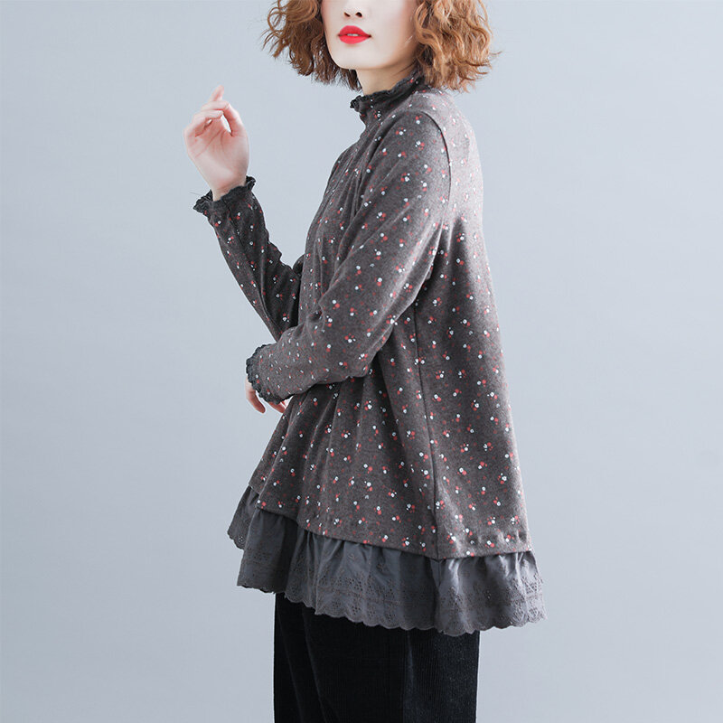2020 outono e inverno artístico retro turtleneck floral escovado base camisa magro ajuste emagrecimento rendas emenda pulôver topo feminino