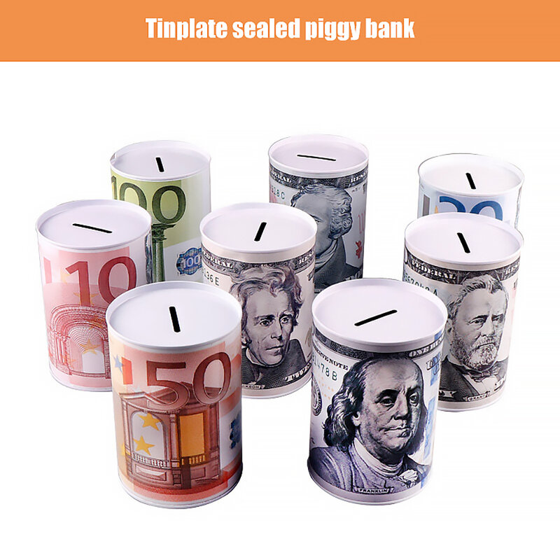 Creative Euro Dollar Metal Cylinder Piggy Bank Saving Money Box Home Decoration Tin Piggy Bank Child Piggy Bank Dropship