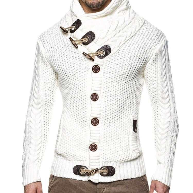 Mantel Sweter Fashion Pria Musim Gugur Musim Dingin Kardigan Berkancing Satu Baris Berkerah Tinggi Pria Jaket Rajut Hangat Warna Solid