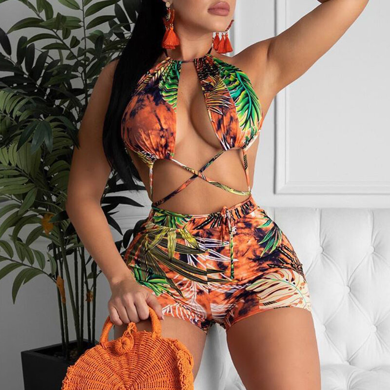 Mossha Sexy halter push up badeanzug Anlage drucken bikini 2021 Hohe taille badeanzug String hohl bademode Brazilian beach wear