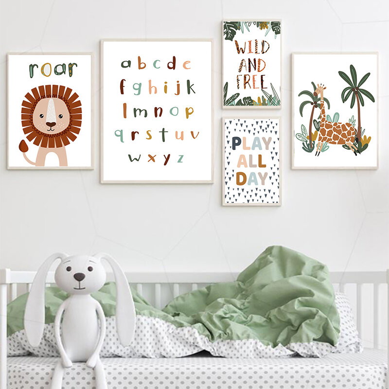 Cuadro sobre lienzo para pared, carteles nórdicos e impresiones de imágenes de pared para habitación de bebé y niños, León, jirafa, mono, ABC